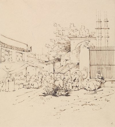 Scena uliczna z kupcami sprzedającymi towary autorstwa George Chinnery