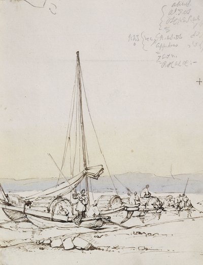 Łodzie Tanka na brzegu, autorstwa George Chinnery