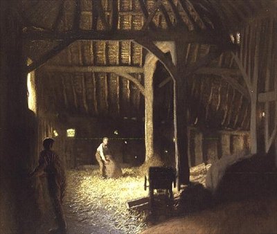 Wnętrze stodoły z pracującymi chłopcami autorstwa George Clausen