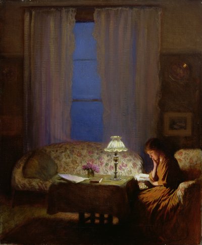 Czytanie przy Lamplight (Zmierzch: Wnętrze) (olej na płótnie) autorstwa George Clausen