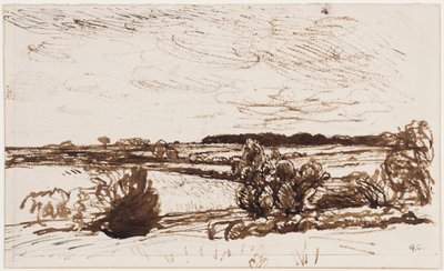 Wietrzny krajobraz (długopis, pędzel i sepia na papierze) autorstwa George Clausen