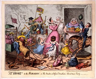 W DOMU w PRZEDSZKOLU, czyli Mistrzowie i tęskni za dwoma butami Wigilia, 1835 (kolorowa akwaforta) autorstwa George Cruikshank
