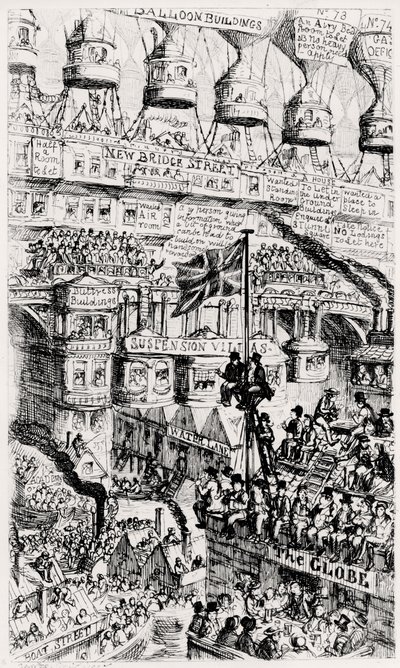 Maltuzjański pogląd na przeludniony Londyn w Anglii w przyszłości, po pismach Thomasa Malthusa autorstwa George Cruikshank