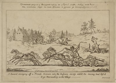 Chłop przenoszący francuską armatę do rosyjskiego obozu, podczas gdy nieprzyjaciel zostawił je, by iść na grabież w wiosce, opublikowana 8 czerwca 1813 r. autorstwa George Cruikshank