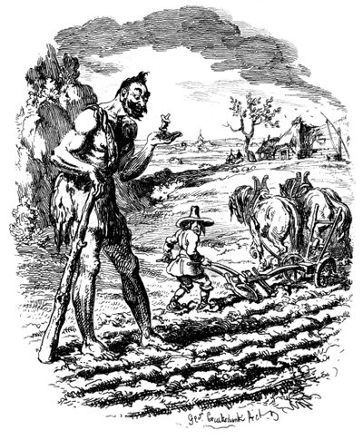 Olbrzym stoi na polu jako rolnik orki, XIX w. autorstwa George Cruikshank