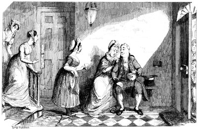 Szereg kobiet opiekuje się biednym mężczyzną, XIX wiek. autorstwa George Cruikshank