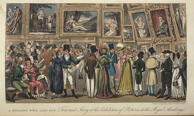 — Dobrze rozplanowany szyling. Tom i Jerry na wystawie obrazów w Royal Academy”, „Życie w Londynie itp.”, Pierce Egan autorstwa George Cruikshank