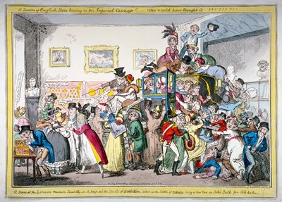 - Rój angielskich pszczół uli w cesarskim powozie!! scena w Muzeum Londyńskim”, 1816 autorstwa George Cruikshank