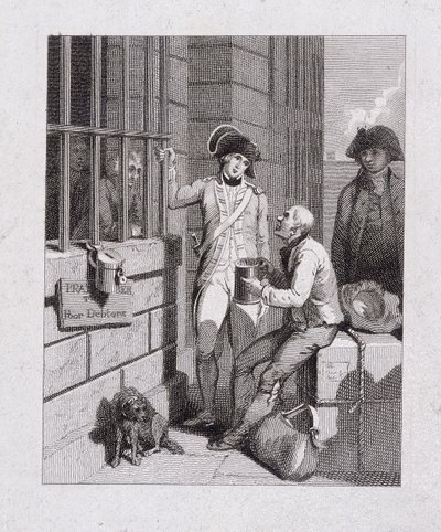 „Gwiżdżący sklep: Tom i Jerry odwiedzający Logic, na pokładzie Fleet”, Fleet Prison, Londyn, 1821 autorstwa George Cruikshank