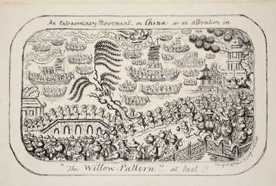 Nadzwyczajny ruch w Chinach – lub – wreszcie przeróbka „Wzór wierzby”!!, wyd. 1853 autorstwa George Cruikshank