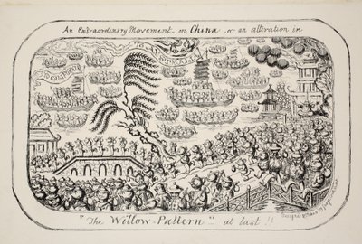 Nadzwyczajny ruch w Chinach - lub - wreszcie zmiana w The Willow Pattern!!, wyd. 1853 autorstwa George Cruikshank