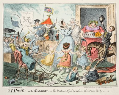 W domu w żłobku, czyli „Mistrzowie i panny z dwiema butami”, 1835 (ręcznie kolorowana grawerunek) autorstwa George Cruikshank