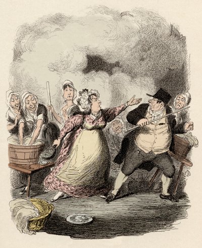 W hospicjum Monsieur Bumble jest poważnie odrzucany przez swoją żonę, Madame Corney - Mr Bumble zdegradowany w oczach nędzarzy - Ilustracja do „Oliver Twist” (Olivier) (Przygody Olivera Twista) autorstwa Charlesa Dickensa (1812-1870) , George Cruikshan autorstwa George Cruikshank