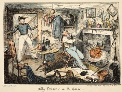 Billy Culmer & the Goose, z Greenwich Hospital, seria szkiców marynarki wojennej, opisująca życie człowieka wojennego, wyd. 1826 (grawerowanie ręcznie kolorowane) autorstwa George Cruikshank