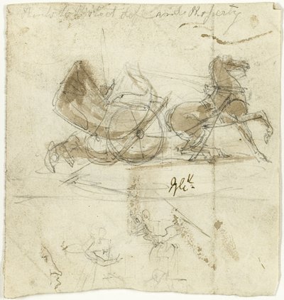 Karykatura samego siebie (recto); Kabina rzucona przez konia, z innymi szkicami (verso) autorstwa George Cruikshank