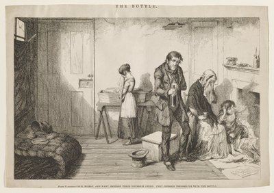 Zimno, nędza i niedostatek niszczą ich najmłodsze dziecko: Pocieszają się butelką. autorstwa George Cruikshank