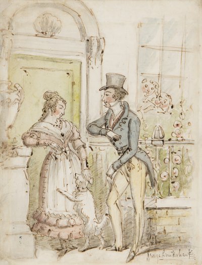 Zaloty, ok. 1835 (pióro, pędzel, atrament i toaleta na papierze) autorstwa George Cruikshank