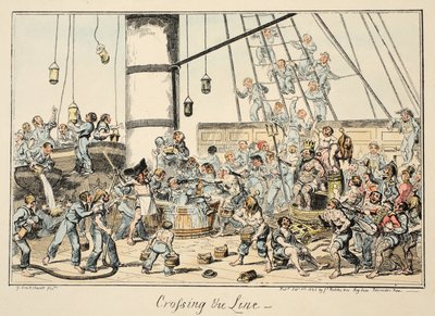 Crossing the Line, ze szpitala Greenwich, seria szkiców marynarki wojennej, opisująca życie człowieka wojennego, wyd. 1825 (ręcznie kolorowane grawerowanie) autorstwa George Cruikshank