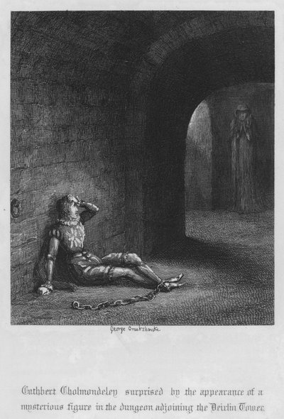 Cuthbert Cholmondeley zaskoczony pojawieniem się tajemniczej postaci w lochu przylegającym do Devilin Tower (rycina) autorstwa George Cruikshank