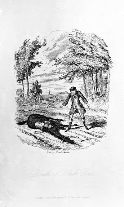 Śmierć Czarnej Bess, ilustracja z „Rookwood” Williama Harrisona Ainswortha, opublikowana w 1836 r. autorstwa George Cruikshank