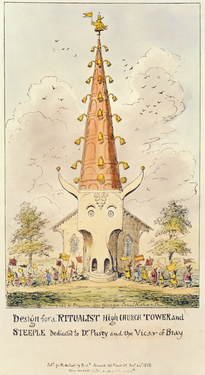 Projekt wieży i wieży kościoła rytualnego, poświęcony dr Puseyowi i wikariuszowi Bray, 1868 (druk) autorstwa George Cruikshank