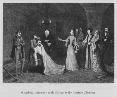 Elżbieta skonfrontowana z Wyatem w sali tortur (rycina) autorstwa George Cruikshank