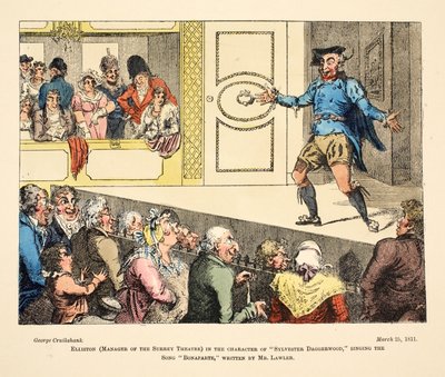 Elliston (dyrektor Surrey Theatre) w roli "Sylvestra Daggerwooda" śpiewającego piosenkę "Bonaparte", napisaną przez pana Lawlera, pub. 1811 (rycina ręcznie kolorowana) autorstwa George Cruikshank