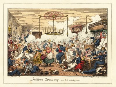 Angielscy marynarze pijący i tańczący w pubie, epoka napoleońska, 1829 (litografia) autorstwa George Cruikshank