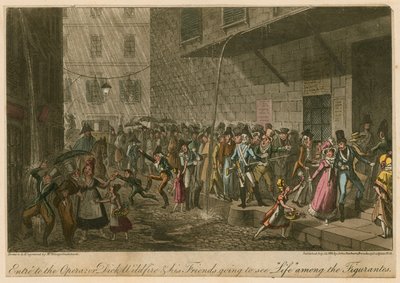 Wejście do Opery; albo Dick Wildfire i jego przyjaciele idą zobaczyć Życie wśród figurantów autorstwa George Cruikshank