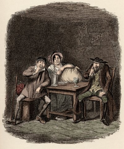 Fagin robi interesy z Morrisem Bolterem, znanym również jako Noe Claypole, i Charlotte – Żyd i Morris Bolter zaczynają się rozumieć – Ilustracja do „”Oliviera Twista””(Olivier) (Przygody Olivera Twista) autorstwa Charlesa Dickensa (1812-1870) ), autorstwa  autorstwa George Cruikshank