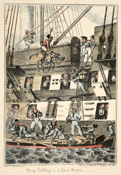 Latająca artyleria lub konna piechota morska, ze szpitala Greenwich, seria szkiców marynarki wojennej, opisująca życie człowieka wojennego, wyd. 1826 (grawerowanie ręcznie kolorowane) autorstwa George Cruikshank