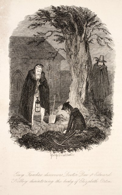 Guy Fawkes odkrył, że doktor Dee i Edward Kelley ekshumują ciało Elizabeth Orton, ilustracja z Guy Fawkes, or the Gunpowder Treason: an Historical Romance, William Harrison Ainsworth, pu autorstwa George Cruikshank
