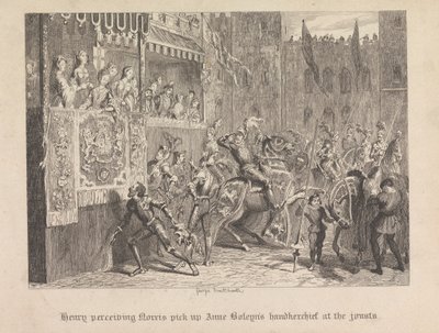 Henry widzi, jak Norris podnosi chusteczkę Anny Boleyn podczas pojedynków autorstwa George Cruikshank