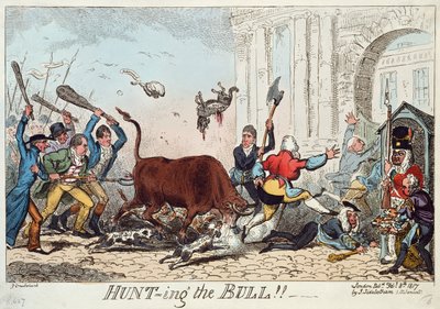 Polowanie na byka, 1817 (akwaforta kolorowa) autorstwa George Cruikshank