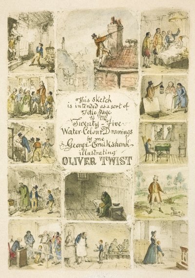 Ilustracja na stronę tytułową "Olivera Twista" autorstwa George Cruikshank
