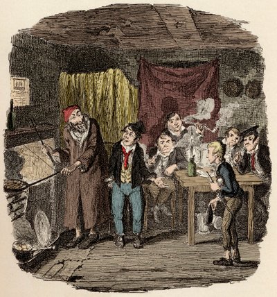W Londynie Jack Dawkins zwany Lisem przedstawia Olivera Faginowi i jego drużynie malfratów - Oliver przedstawił szanowanemu starszemu dżentelmenowi - Ilustracja do „Oliver Twist” (Olivier) (Przygody Olivera Twista) Charlesa Dickensa (1812-1870) , przez Ge autorstwa George Cruikshank