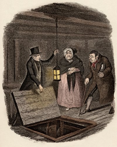 W obecności Monsieur Bumble i Madame Corney, Monks znika medalion Olivera Twista – Dowody zniszczone – Ilustracja do „Oliver Twist” (Oliver) (Przygody Olivera Twista) Charlesa Dickensa (1812-1870), autorstwa George