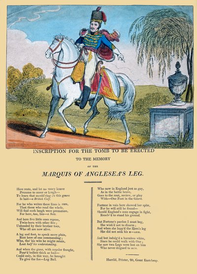 Inskrypcja na grobie, który ma zostać wzniesiony ku pamięci nogi markiza Anglesea, opublikowana przez R. Harrilda, ok. 1815 r. autorstwa George Cruikshank