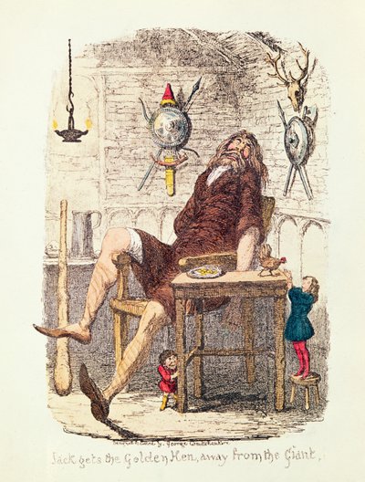 Jack zabiera złotą kurę z dala od giganta (kolor lito) autorstwa George Cruikshank