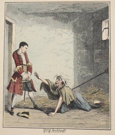 Jack Sheppard odwiedza swoją matkę w Bedlam, ilustracja z książki Jack Sheppard: A Romance autorstwa Williama Harrisona Ainswortha, opublikowana w 1839 r. (akwaforta ręcznie kolorowana) autorstwa George Cruikshank