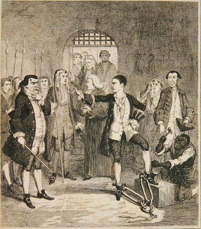 Jack Sheppard ma zdjęte żelazo w Stone Hall w Newgate, ilustracja z "Jack Sheppard: A Romance" Williama Harrisona Ainswortha, opublikowanej w 1839 roku (akwaforta) autorstwa George Cruikshank