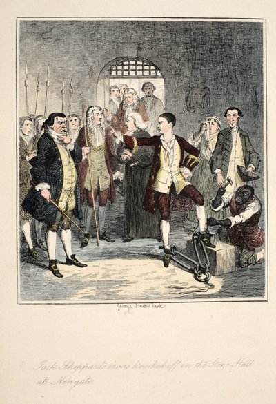 Żelazka Jacka Shepparda strącone w Stone Hall w Newgate, ilustracja z książki Jack Sheppard: A Romance autorstwa Williama Harrisona Ainswortha, opublikowanej w 1839 r. (ręcznie kolorowana akwaforta) autorstwa George Cruikshank