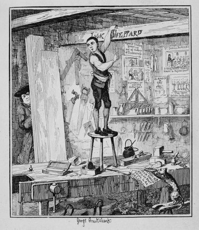 Jack wyrył swoje imię na belce w sklepie swojego byłego pracodawcy, ilustracja z „Jack Sheppard: A Romance” Williama Harrisona Ainswortha, opublikowana w 1839 r. autorstwa George Cruikshank