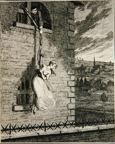 Jack uciekający z Newgate Ward z żoną Elizabeth Lyon, ilustracja z „Jack Sheppard: A Romance” Williama Harrisona Ainswortha, opublikowana w 1839 r. (akwaforta) autorstwa George Cruikshank