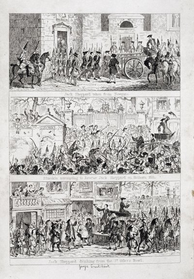Podróż Jacka z Newgate do Tyburn, ilustracja z „Jack Sheppard: A Romance” Williama Harrisona Ainswortha, opublikowana w 1839 r. autorstwa George Cruikshank