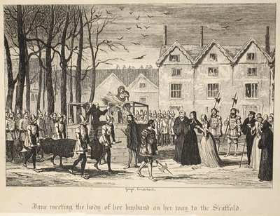 Jane spotyka ciało męża w drodze na rusztowanie, z pubu The Tower of London. 1840 autorstwa George Cruikshank