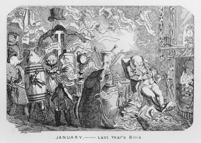 Styczeń, zeszłoroczne rachunki (grawerowanie) autorstwa George Cruikshank