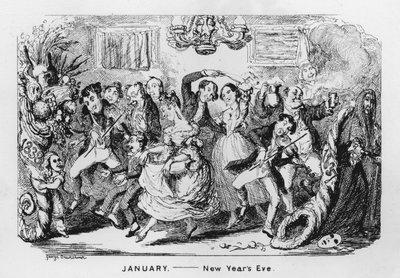 styczeń, sylwester (grawerowanie) autorstwa George Cruikshank