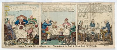 Trzy etapy Johna Bulla, czyli od dobrego do złego i od złego do gorszego, 1815 (rycina ręcznie kolorowana) autorstwa George Cruikshank