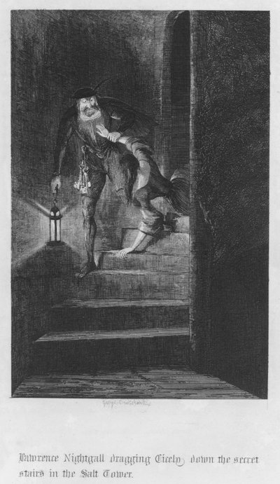 Lawrence Nightgall ciągnący Cicely tajnymi schodami w Wieży Solnej (rycina) autorstwa George Cruikshank